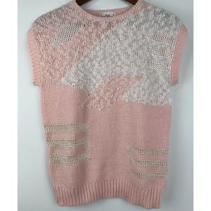 Vtg Knitivo Sz Petite Medium Women’s Pink White Geometric Short Sleeve Sweater